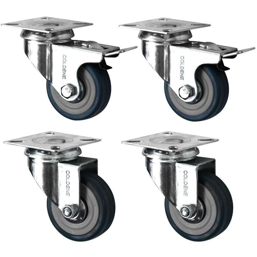 Coldene Castors Ltd 4 Swivel Heavy Duty GREY RUBBER 75mm (2 inch) Castor/Caster Wheels (2 x standard, 2 x brake), Load capacity 60kg per wheel
