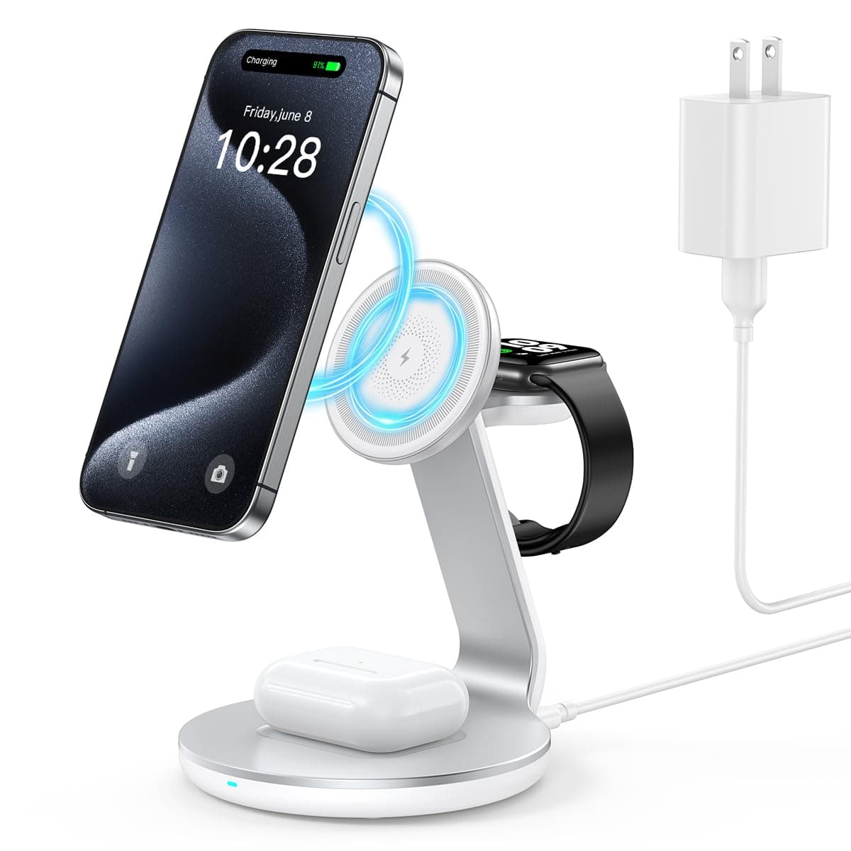 HERRBOL 3 in 1 wireless charging station for Apple Devices,Magsafe charger Stand for iPhone 16 15 14 13 12 Pro/Max/Plus/Mini Wireless Charger Station for AirPods 2/3/Pro iWatch Ultra/8/7/SE/6/5/4/3/2