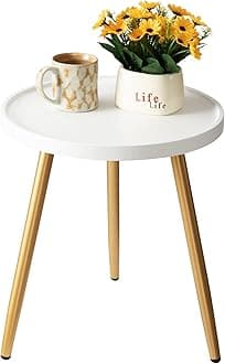 Small Round Side Table, Mini White Table with Wooden Tray & Metal Legged, Gold Side Table for Small Space, Living Room, Bedroom, Nursery, 14.96" D x 14.96" W x 17.52" H, White & Gold