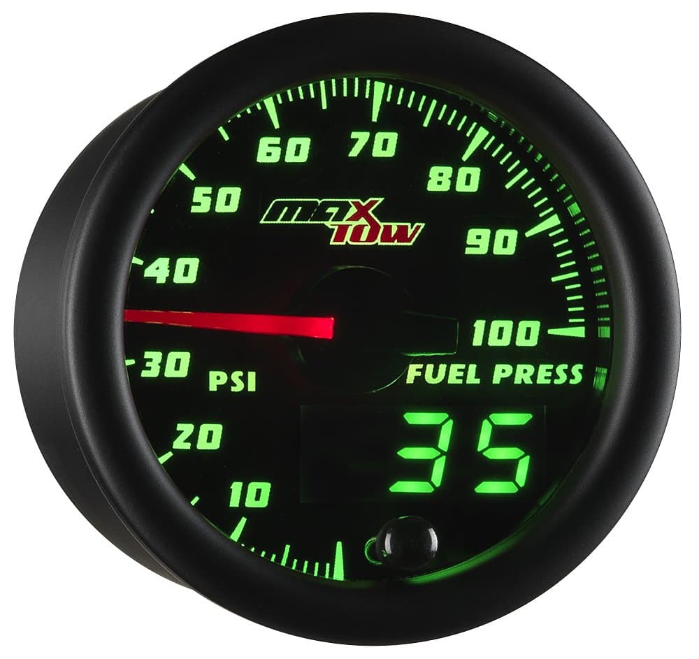 MaxTow Double Vision 100 PSI Fuel Pressure Gauge Kit - Includes Electronic Sensor - Black Gauge Face - Green LED Illuminated Dial - Analog & Digital Readouts - for Trucks - 2-1/16" 52mm