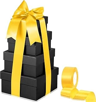 ギフトボックス ふた付き 入れ子型 ギフトボックス 正方形 硬質ギフトボックス 入れ子型 4個セット 4 x 4 x 2.2 から 6.3 x 6.3 x 3.3インチ 1ロールリボン付き ブライダル ブライズメイド 結婚 記念日 クラフト用 (ブラック)