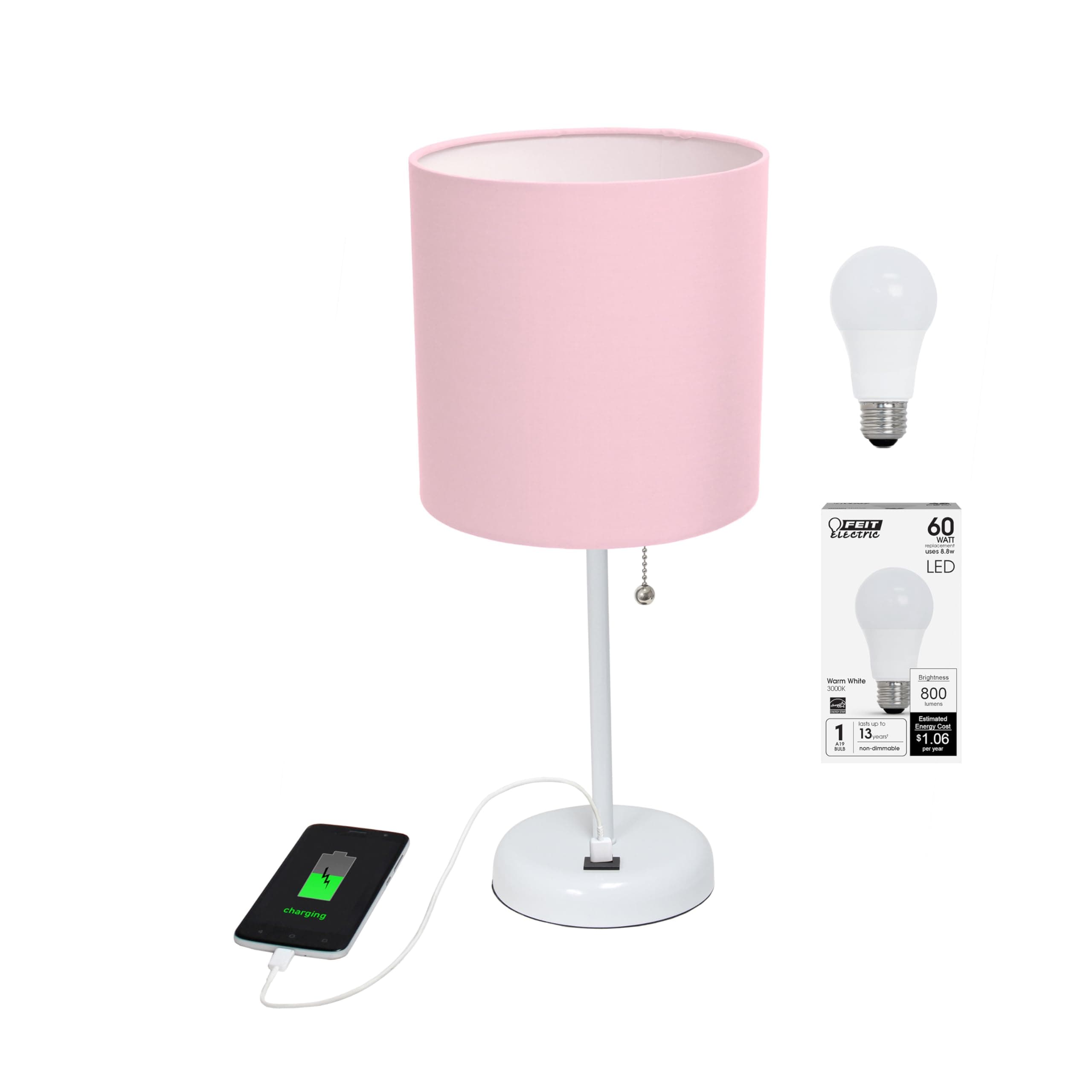 Simple Designs LT2044-POW-LB White Stick Table Desk Lamp with USB Charging Port and Drum Fabric Shade for Living Room, Hallway, Nightstand, Office, Light Pink Shade, with Feit LED Bulb Included
