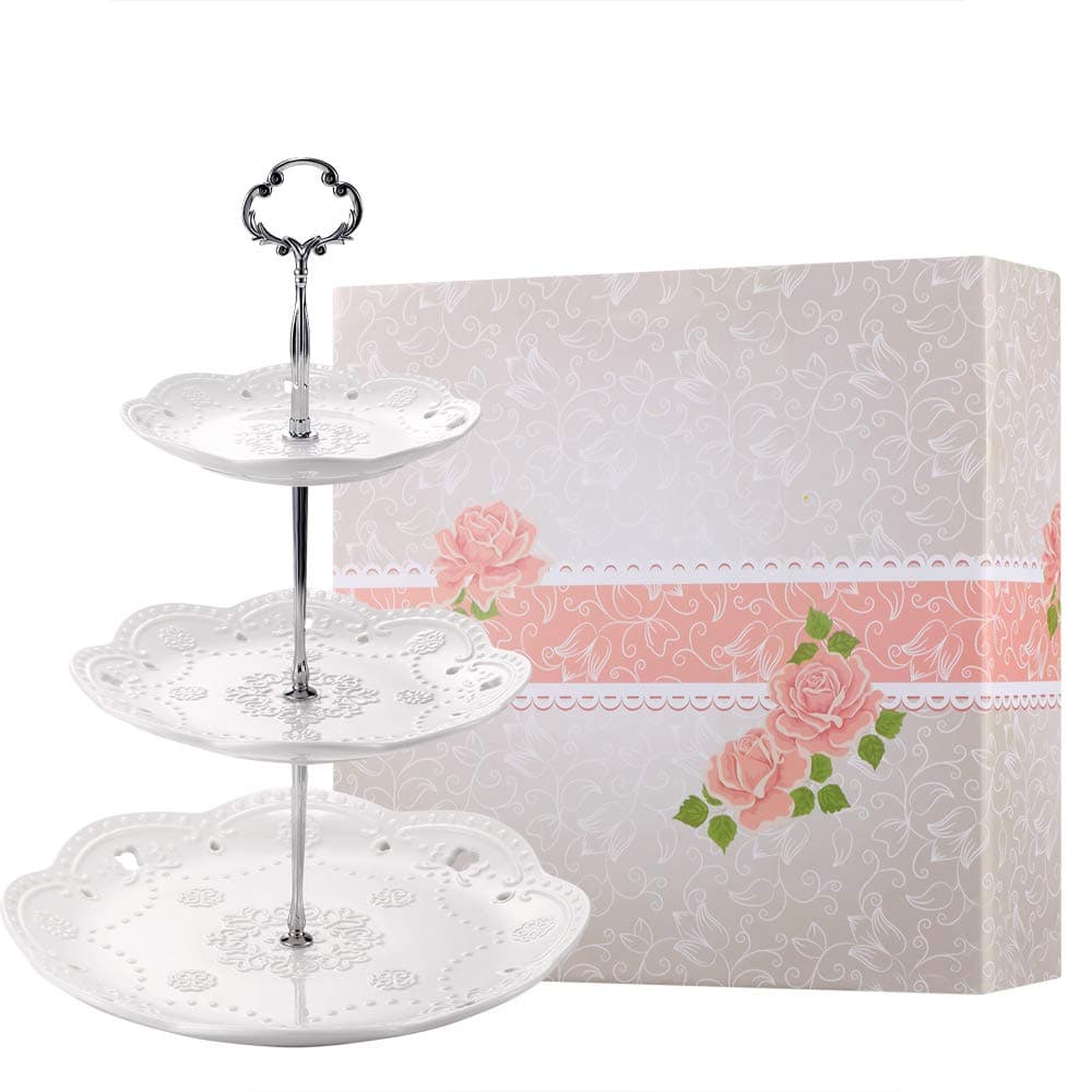 3-Tier Porcelain Cupcake Stand Serving Tray - White Embossed Elegant Dessert Cake Stand - Pastry Serving Stand for Tea Party, Wedding and Birthday