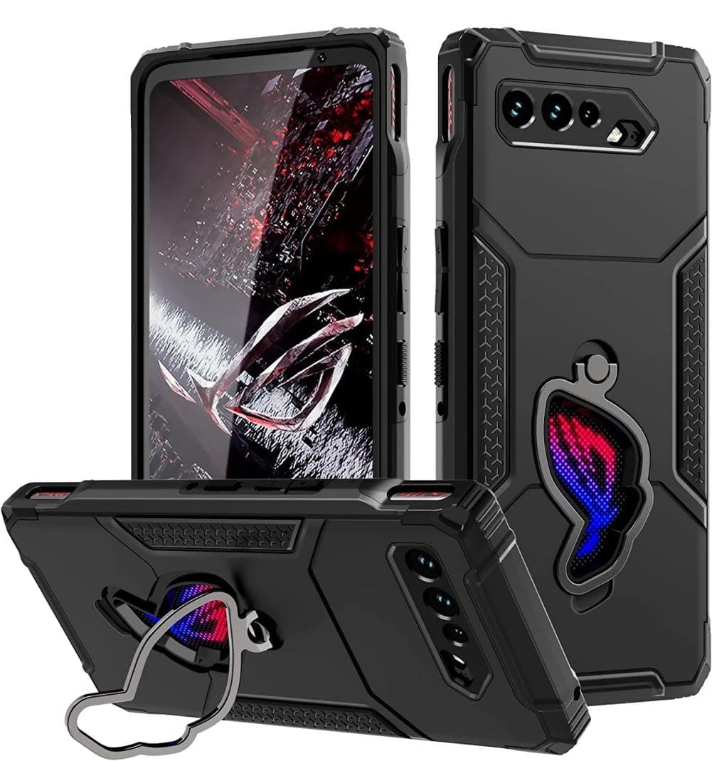 Armor Case for ASUS ROG Phone 5/5s Cover - Soft TPU with Built in Camera Protector, Dust Cover for Charging Port and Cooler Port with Clear Tempered Glass, 360° Rotating Kickstand (Black)