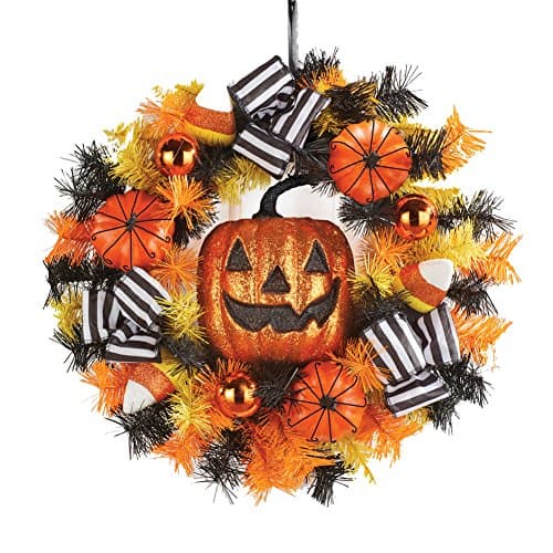 Jack O Lantern Halloween Wreath with Candy Corns and Bows, Fron Door, Outdoor or Indoor Décor