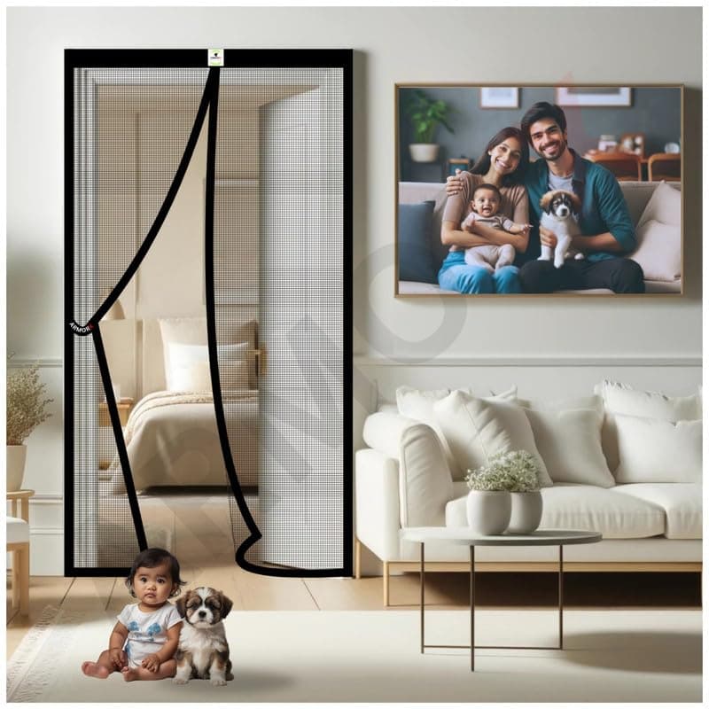 ARMORX High Tensile Polyester Magnetic Door Mosquito Net, Self Closing Magnets with Buckle Strap, Protection from Insects, Pets & Kids Friendly - BLACK-210cm x 100cm