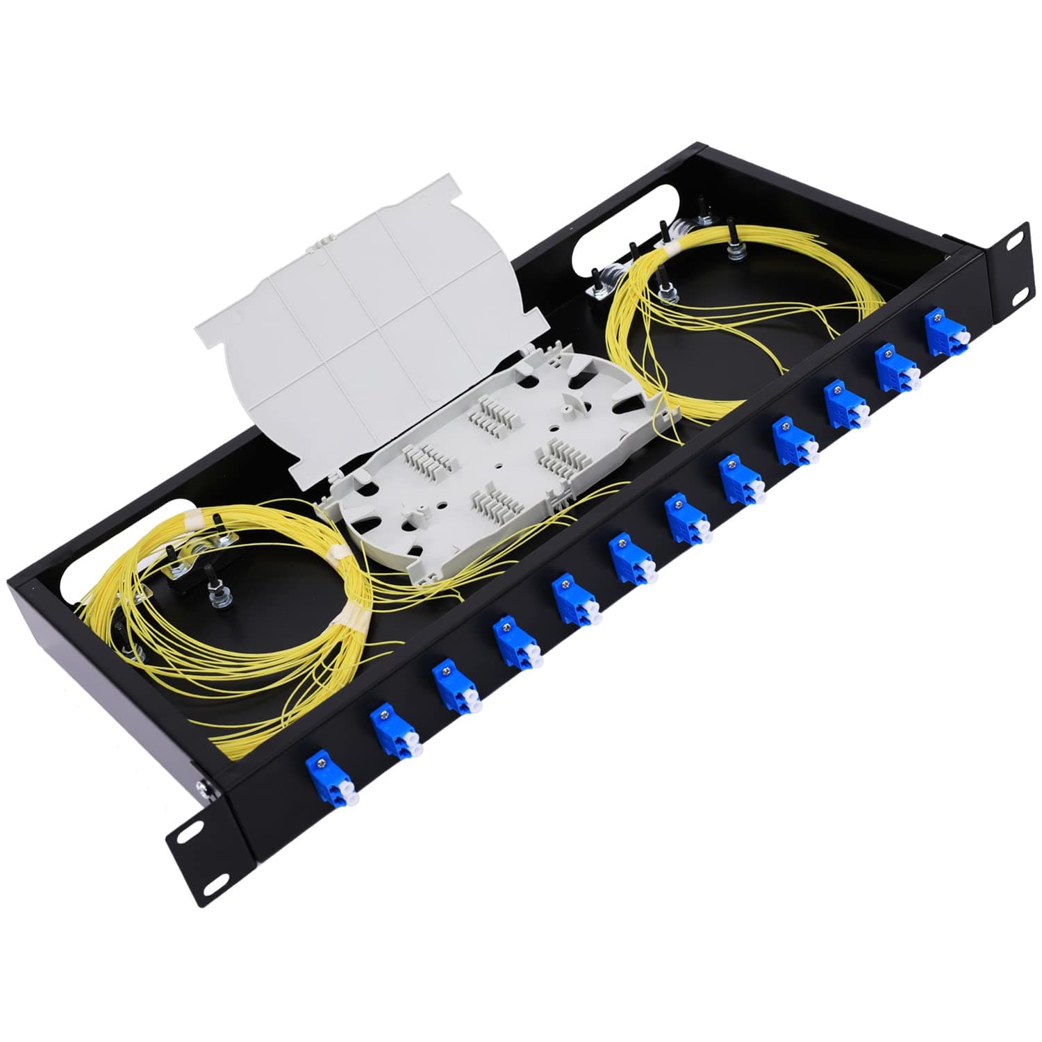GESD 12 Duplex 24 Port LC-OS1 Rack Mount Enclosure Box + Splice Trays Fiber Cables Spool SingleMode LC-UPC Kit (Include 1M 24Strand Pigtail+24 Core LGX Loaded Patch Panel - Fits 19" Racks Cabinet