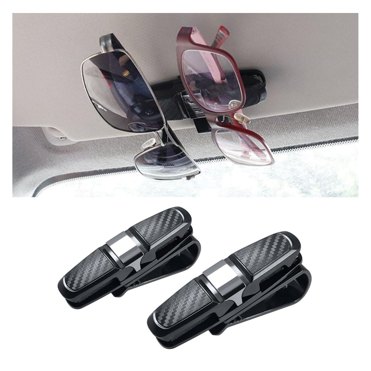 GLSOWEE 2PCS Glasses Holders for Car Sun Visor, Glasses Clip Organizer, Sunglasses Mount with Ticket Card, Car Sun Visor Double End Clip, 180 Degree Rotational Car Glasses Holder (Silver)