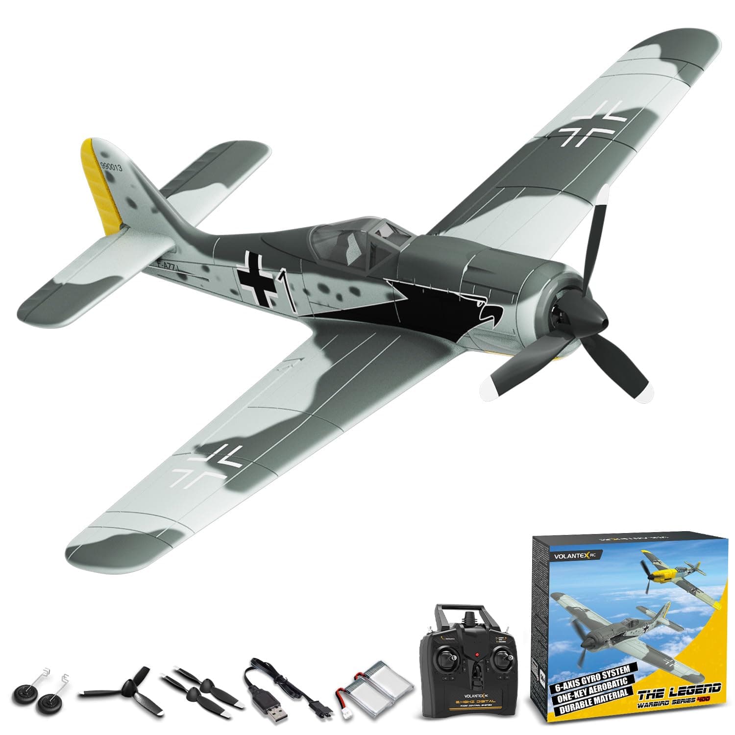 RC Plane FW190 Fighter 4CH Remote Control Airplane RTF with Aileron, Gyro, Aerobatics & 3 Modes to Fly, Hobby Radio Controlled Warbird Aircraft for Adults, Beginners (761-17)