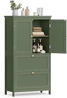 VASAGLE Bathroom Cabinet, Kitchen Cabinet, 2-Door Cabinet with 2 Drawers, Adjustable Shelves, 30 x 60 x 110cm, Forest Green, MBBC551C01