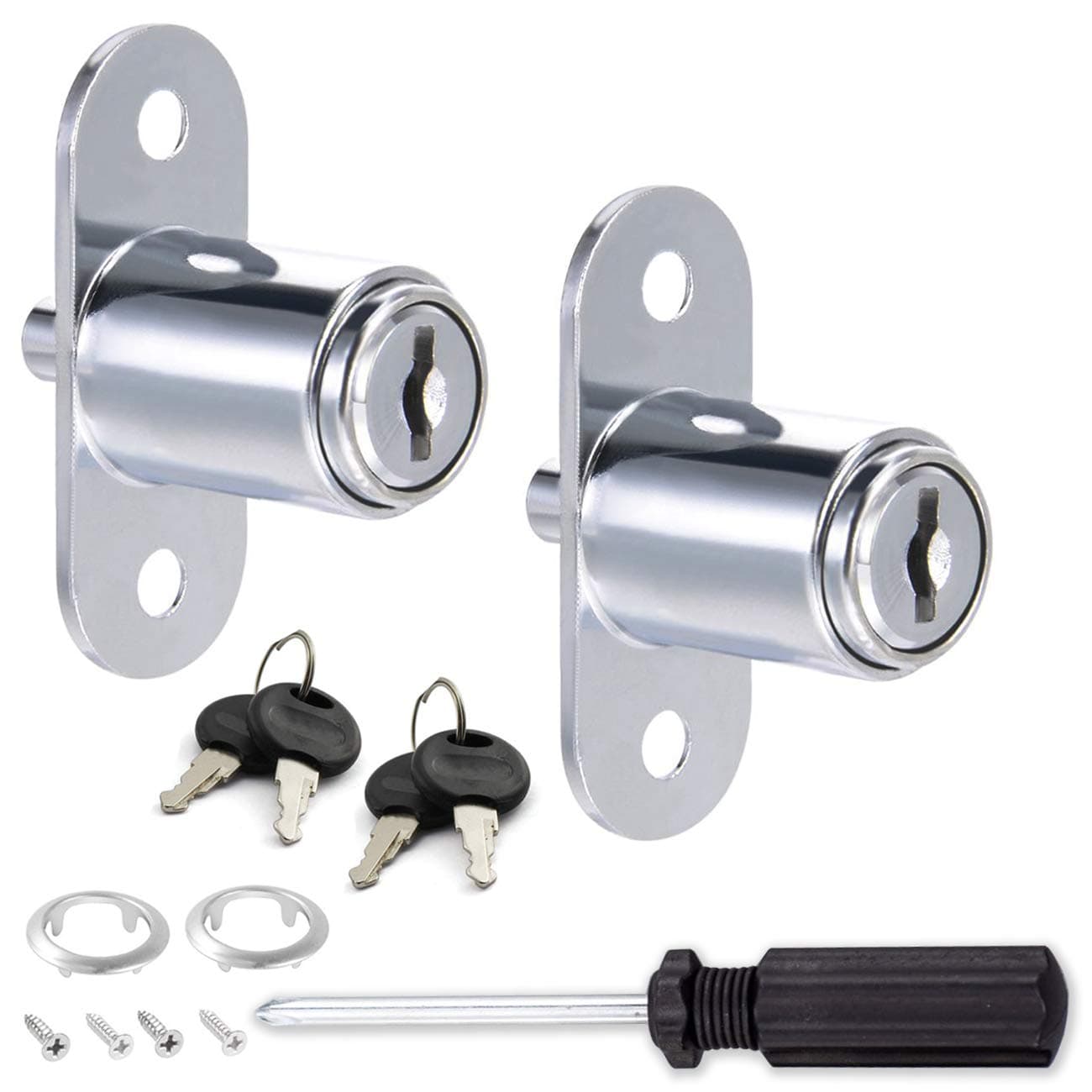 TIHOOD 2PCS Push Plunger Lock with 1pc Slotted Screwdriver, 3/4-inch(19mm) Cylinder Diameter, Zinc Alloy Chrome Finish