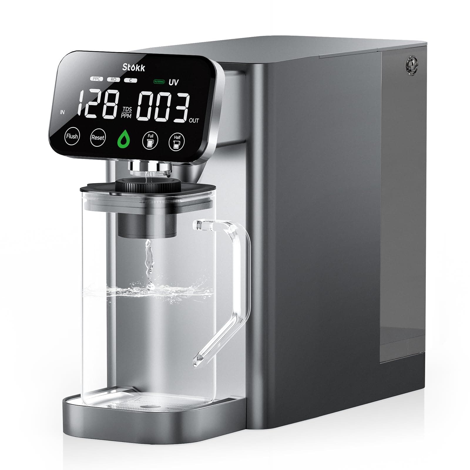 Stokk T1 Lite UV Reverse Osmosis Water Filter Countertop, Reverse Osmosis System with Carafe Alkaline Boost, 6-Stage RO Water Filtration System, NSF/ANSI 58&372, Reduce TDS PFAS Water Purifier (Gray)