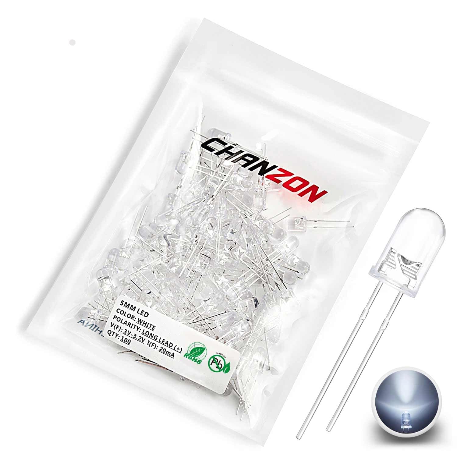CHANZON 100 pcs 5mm White LED Diode Lights (Clear Round Transparent DC 3V 20mA) Bright Lighting Bulb Lamps Electronics Components Indicator Light Emitting Diodes for Arduino