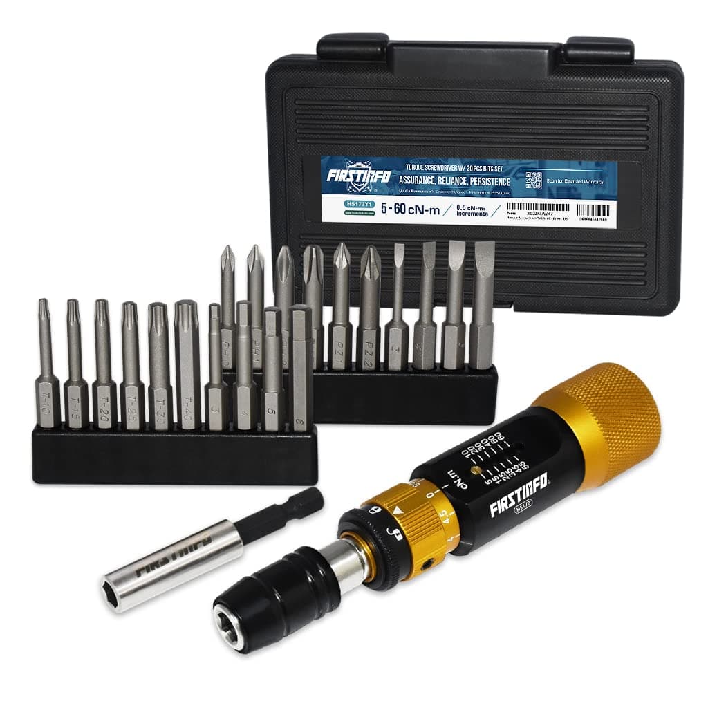 FIRSTINFO Ultra Precision Certified Torque Limiting Screwdriver Set, 1/4 Inch Universal Hex Quick Release Bit Holder, 5-60 cNm (0.05-0.6 Nm) w/ 20pcs Screwdriver Bits & Extension Holder, Storage Case