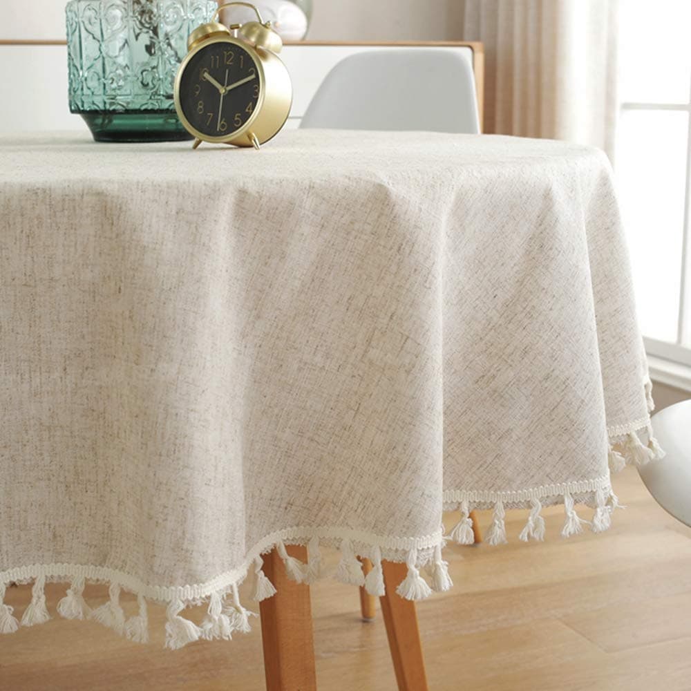 Lahome Solid Color Tassel Tablecloth - Cotton Linen Round Table Cover Kitchen Dining Room Restaurant Party Decoration (Round - 60", Linen)