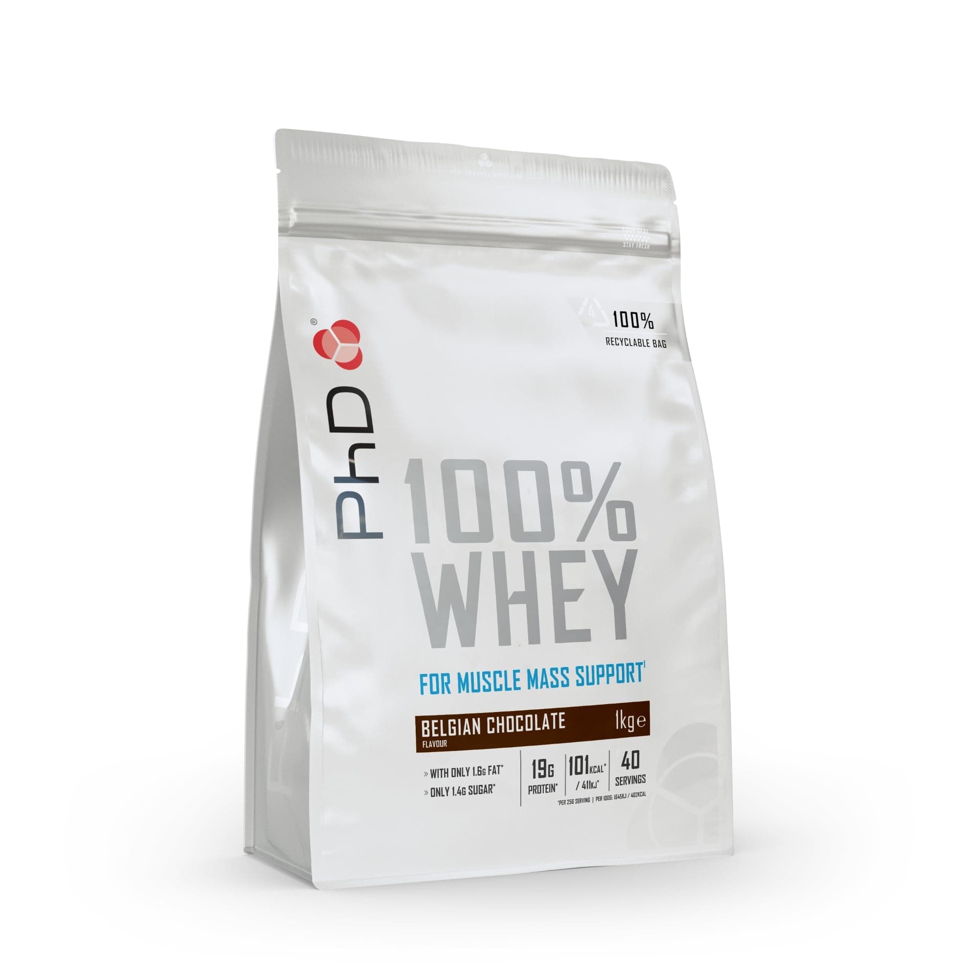PhD Nutrition 100% Whey Protein - Grass Fed Whey Protein Powder, 18g Protein & 5.3g BCAAs Per Serving, Low Calorie Belgian Chocolate Protein Shake, 40 Servings, 1kg