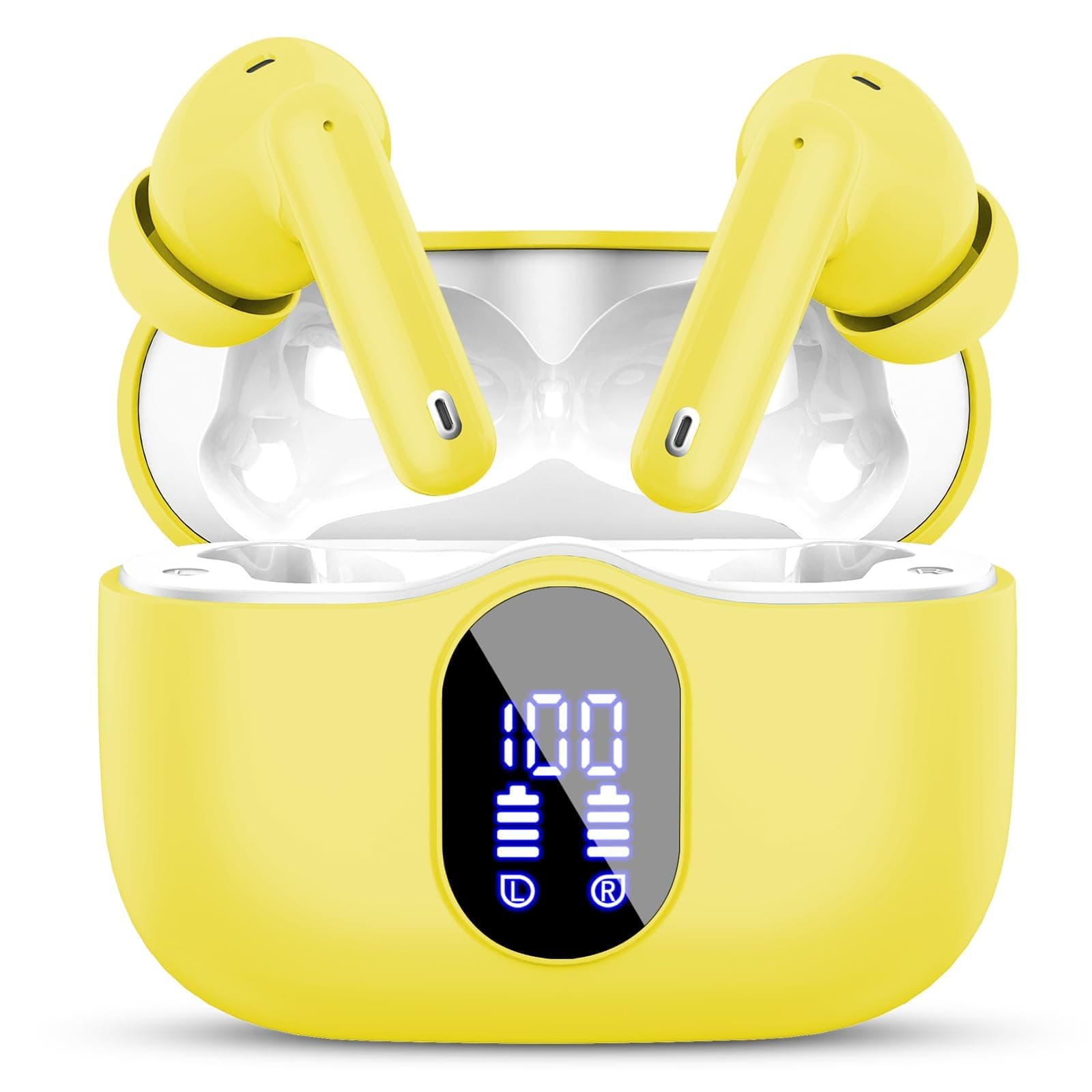 Wireless Earbuds, Bluetooth 5.4 Headphones In Ear with 4 ENC Noise Cancelling Mic, New Bluetooth Earbuds Mini Deep Bass Stereo Sound, 36H Playtime LED Display Wireless Earphones Yellow