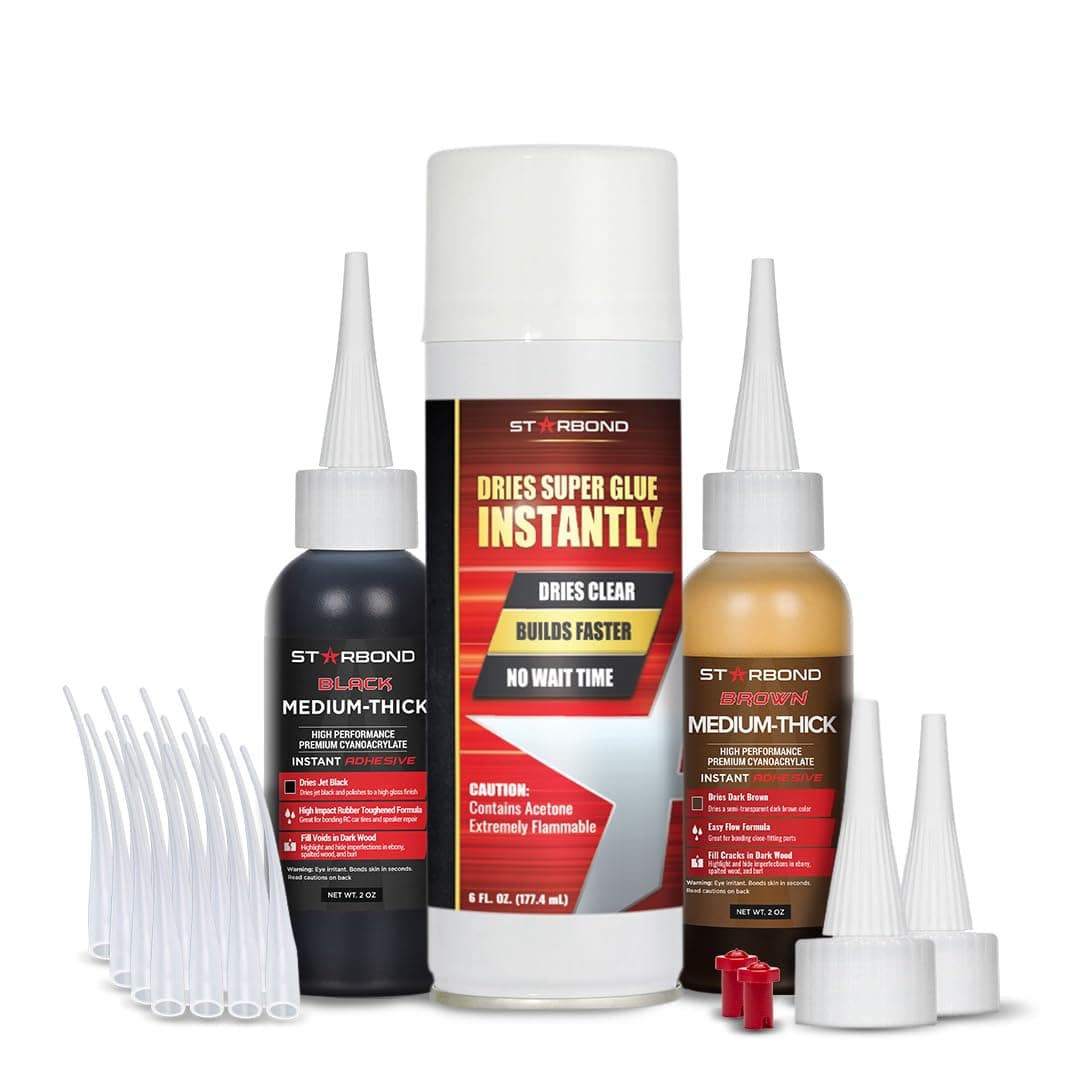 STARBOND Knot Filler System – 2 oz Black and 2 oz Brown Medium-Thick CA Glue with 6 oz Accelerator Spray – Instant Crack & Void Repair for Woodworking, Woodturning, Sandable Finish