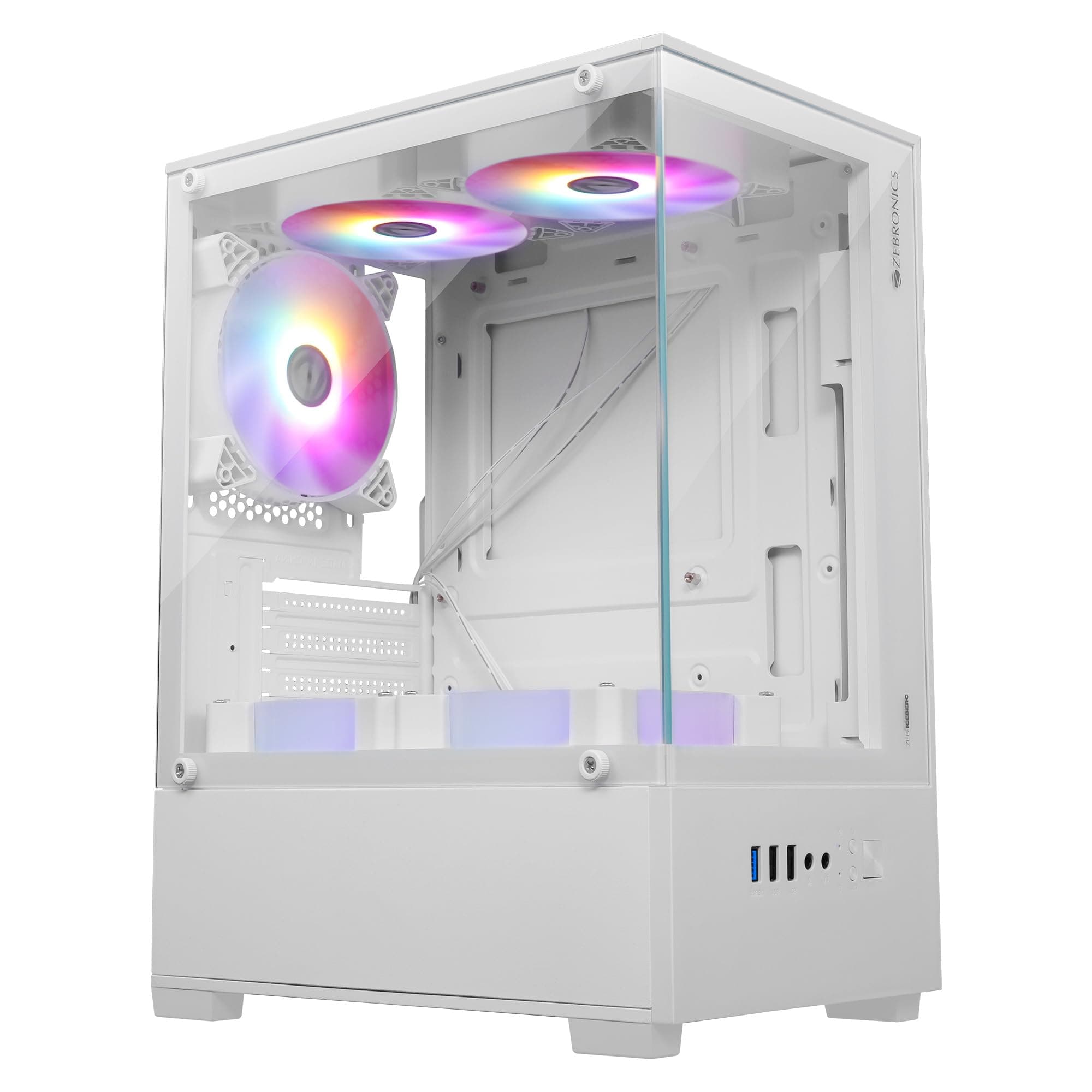 ZEBRONICS Iceberg Premium Gaming Chassis with Support for mATX | Mini ITX, Wraparound Tempered Glass, 120mm Multicolor LED Ring Fans, Top Magnetic Dust Filter, 5 Fans Included (White)