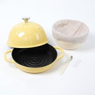 HAWOK Cast Iron Bread Cloche, Dia. 7.8inch/20cm, 0.95qt, with Proofing Basket and Dough Scoring Knife, Sourdough Baking Pan Enameled Yellow