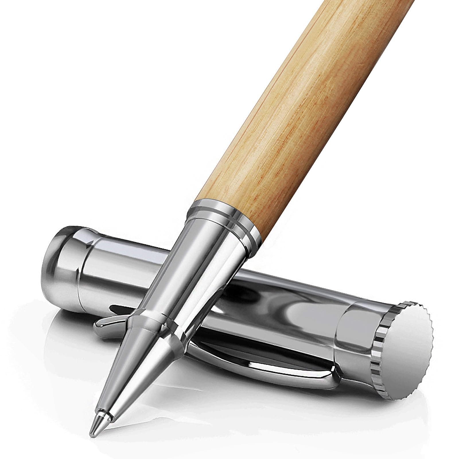 WEMATE Luxury Rollerball Pen Set, Extra 2 Ink Refills(1 Black & 1 Blue), Fancy Writing Pen Nice Office Gift for Men, Professional, Executive, Cool Wooden Pen for Journaling - Oak