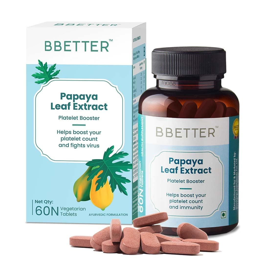 BBETTER Papaya Leaf For Boosting Platelet Count | Papaya Leaf Extract Enriched With Tinospora Cardifolia Extract, Vitamin E Powder And Iron To Help Boost Platelet Count (60 Veg Tablets)