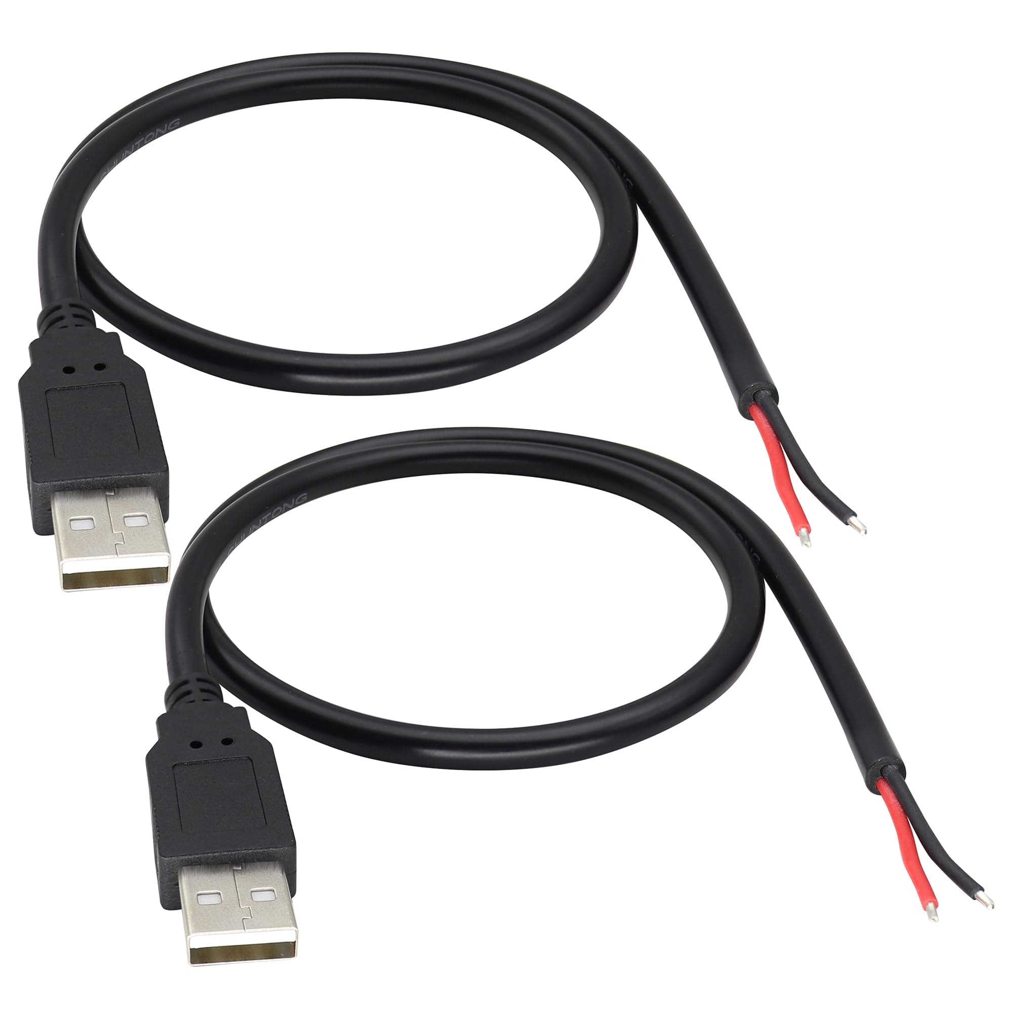 18AWG USB 2.0 Male Plug to 2pin Bare Cable USB A Male Plug to 2pin Bare Wire Pigtail Open End Extension Adapter 5V 5A Power Charge Wires DIY Connector Cable [2PacK/Black][0.5M/1.6ft]