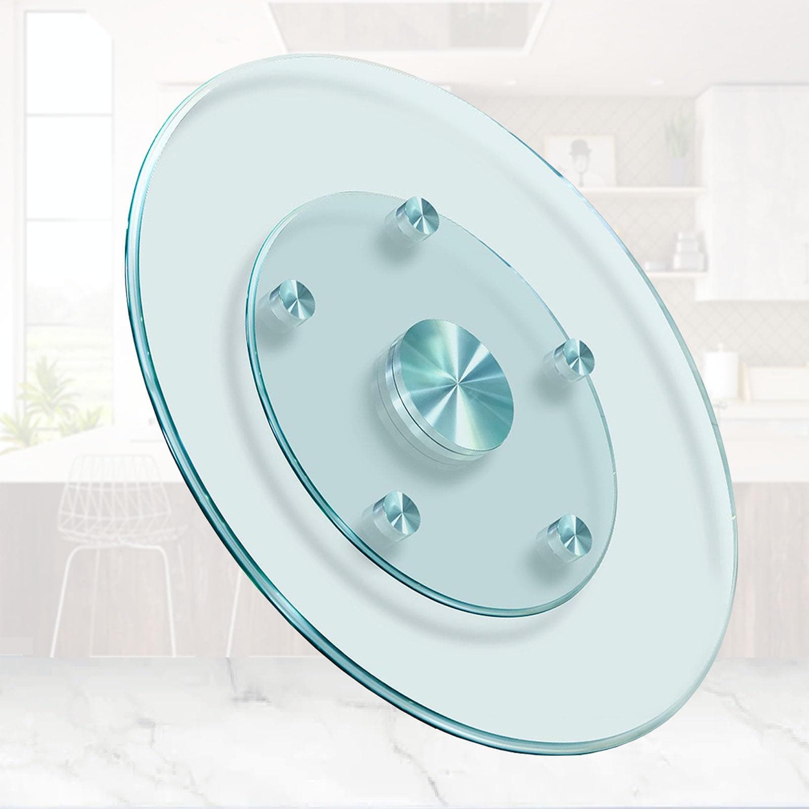 30'' Glass Lazy Susan Turntable Dining Table, 360° Large Round Serving Plate Tabletop Rotating Tray with with 6 Elegance Assist Rotating Wheels, Serving Plate Silent & Smooth Spin, (30inch/76cm)