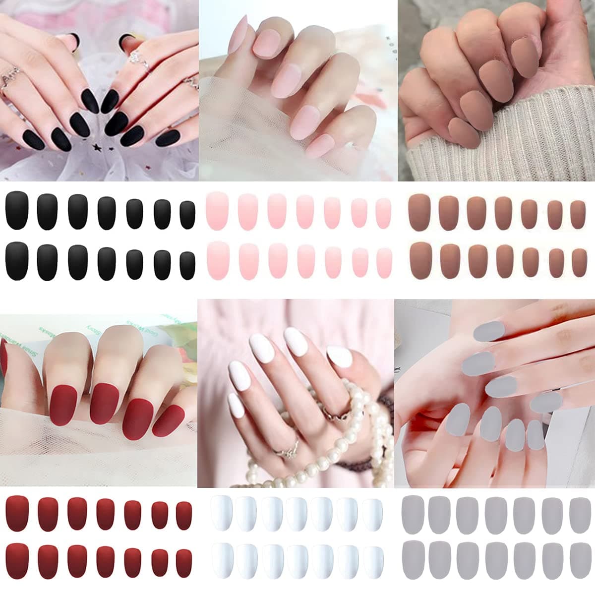 6 Packs (144 Pcs) Matte Short Almond Press on Nails Medium Length, Acrylic Short False Nails Full Cover Set Artificial Nails Fake Solid Color with Adhesive Tabs Nail File for Women…