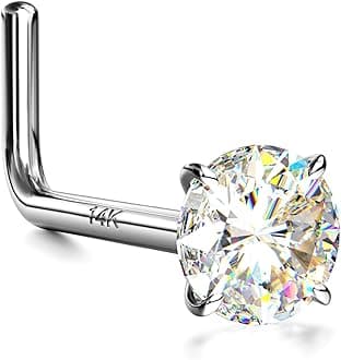 14K Real Gold Nose Studs, 18G 20G Solid Gold L Shaped Nose Rings, Simulated Diamond CZ Hypoallergenic Nose Piercings for Women Men 1.5 2 3MM