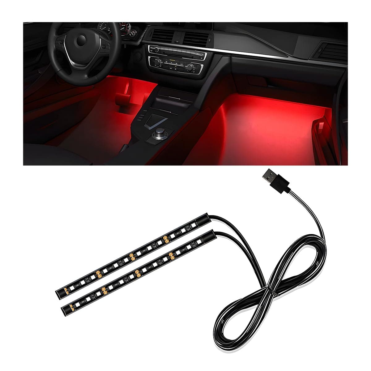 Car Interior LED Strip Light, 12V 24 LED Waterproof Neon Ambient Night Light with USB Port, Automotive Atmosphere Decorative Under Dash Lighting Kit, Car Accessories (Red)