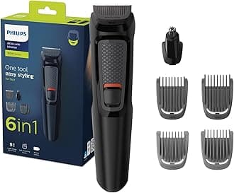 Philips Multigroom Series 3000 for Face, 6-in-1 Grooming Kit for beard, moustache, nose & ear hair, cordless, 60 min runtime, 16h full charging time, MG3710/33,Black