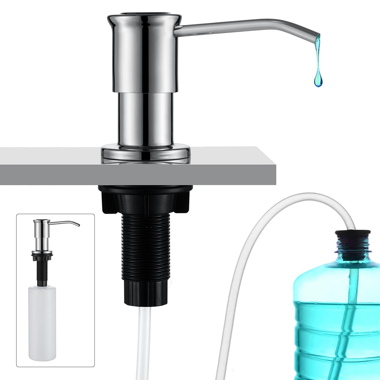 CREA Kitchen Soap Dispenser Chrome Countertop Soap Dispenser for Kitchen Sink, Built in Sink Soap Dispenser for Bathroom ​with 39" Tube Large Capacity 17 OZ Bottle