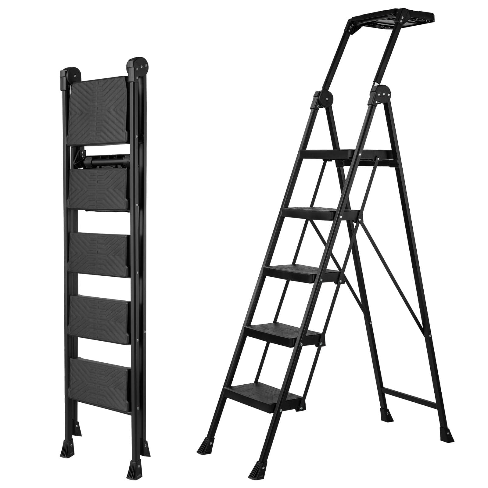 5 Step Ladder, Foldable Handrail & Tool Tray Stool Ladders with Anti-Slip Wide Pedal, 660 lbs Sturdy Steel Ladder for Home Kitchen and Outdoor