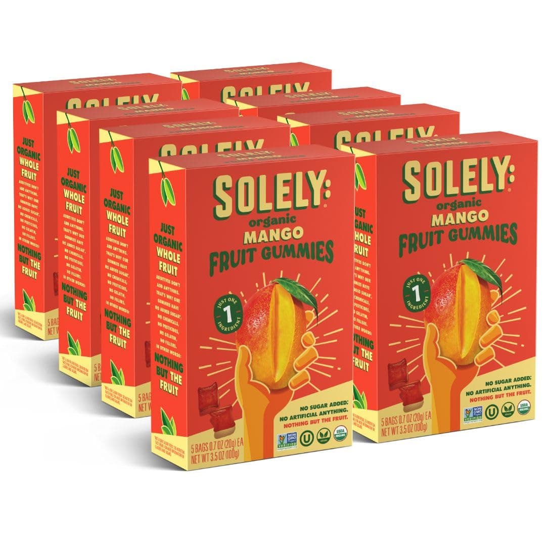 SOLELY - Organic Mango Whole Fruit Gummies (Pack of 8 Boxes, 5 Individual Bags per Box) - Real Fresh Fruit - Healthy Snacks for Adults & Kids - Non GMO, Vegan Snacks, Shelf Stable - 40 Bags (3.5 oz)