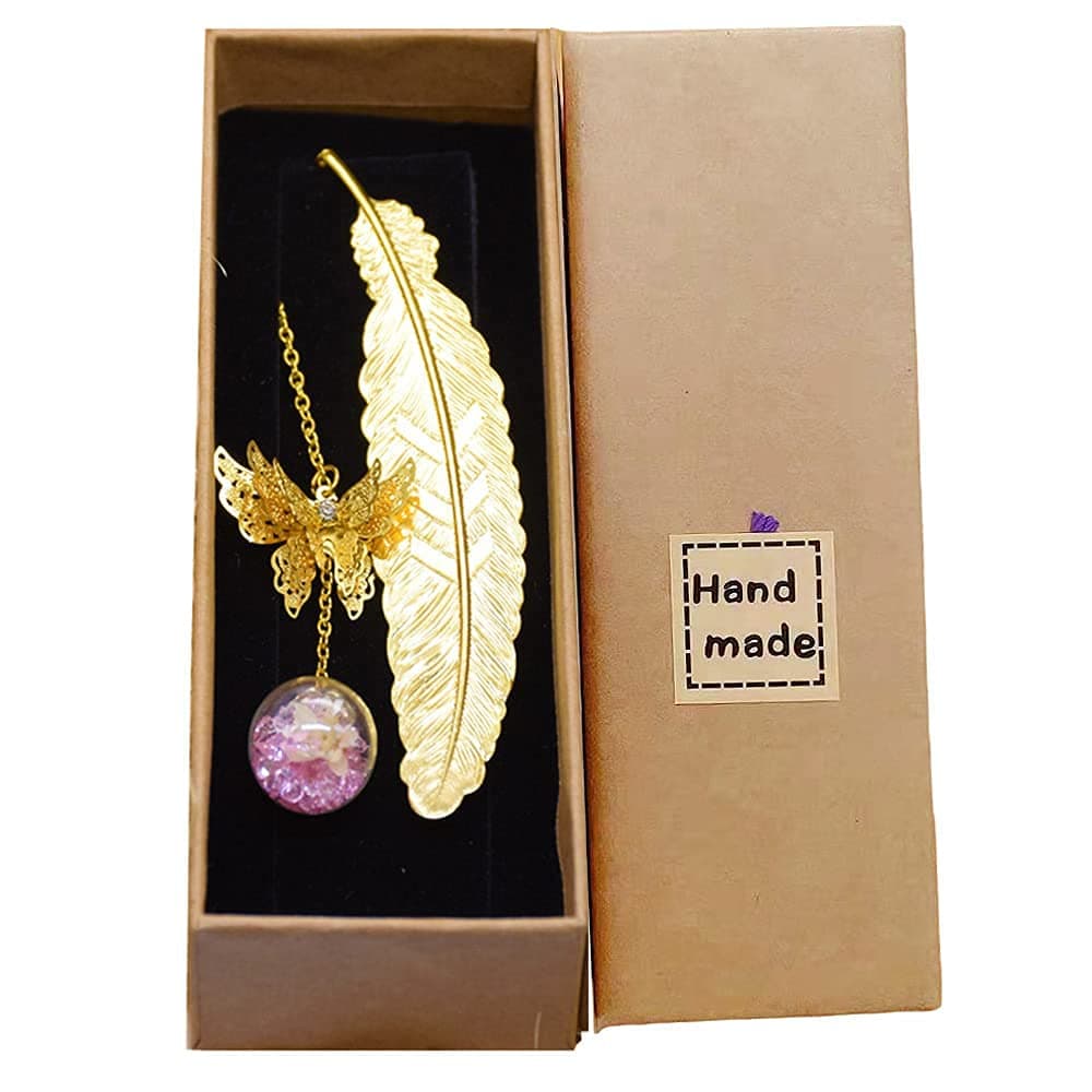 Konrisa Metal Bookmarks for Women Men Reader Gift Classical Book Marks Feather Shape with Beautiful Flower Butterfly Pendants Children Student School Office Supplies