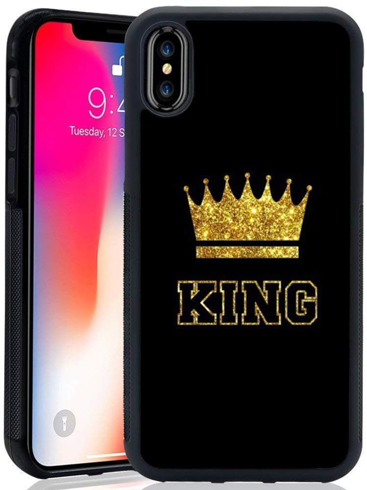 for iPhone X/iPhone Xs Case King Queen Best Friend Lovers Couple Slim Fit Black Cell Phone Accessories Queen & King Design Soft TPU Protective iPhone Xs Cases (Golden King for iPhone X/XS)