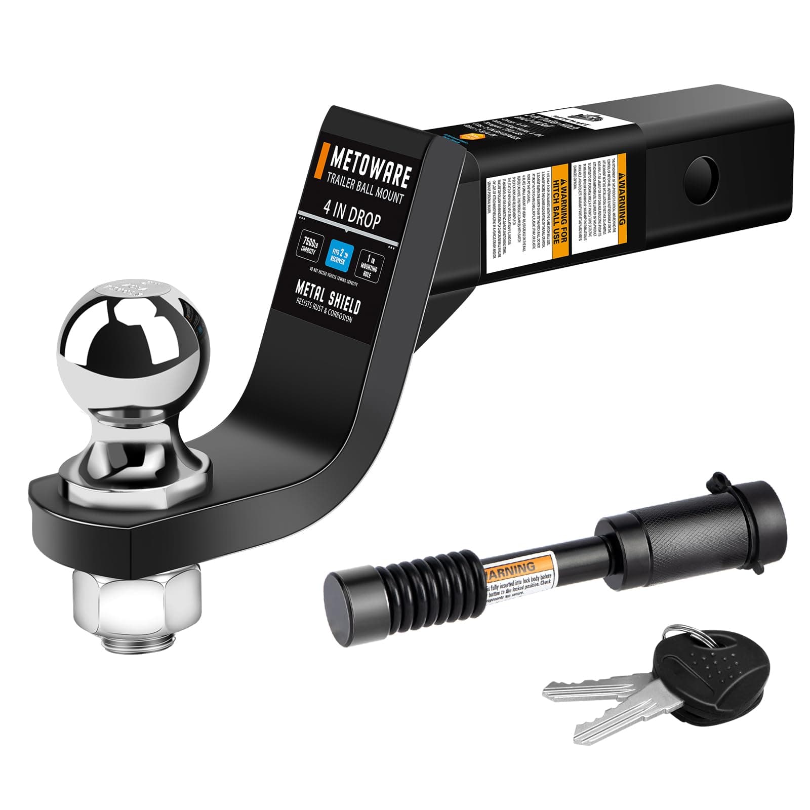 METOWARE 4" Drop Trailer Hitch Ball Mount for 2" Receiver, 7,500 lbs GTW Heavy Duty Towing Kit with 2" Ball and Hitch Lock, Solid Steel Tow Hitch for Truck, SUV, Boat, RV, Black Powder Coat