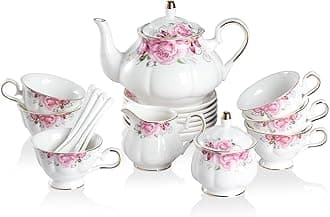 Sweejar Porcelain Tea Set Vintage Floral, British Relief Gold Rim Teapot Cup and Saucer Sets, 22-Piece Tea Sets for Adults, with Teapot, Sugar Bowl, Milk Jug, Spoons, Cup and Saucer (Flower)