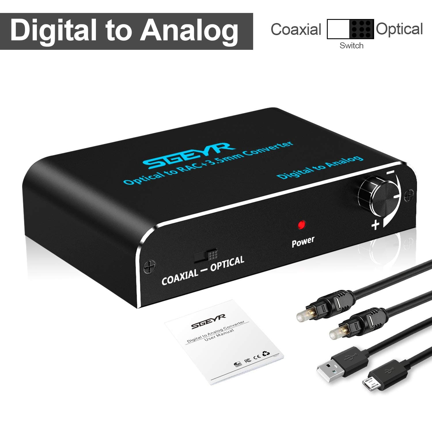 SGEYR DAC Digital to Analog Audio Converter Support 192KHz Volume Control Digital Optical Coaxial Toslink to Analog Stereo L/R RCA 3.5mm Jack Audio Adapter for Xbox PS4 Blu-ray(NO Power Adapter)