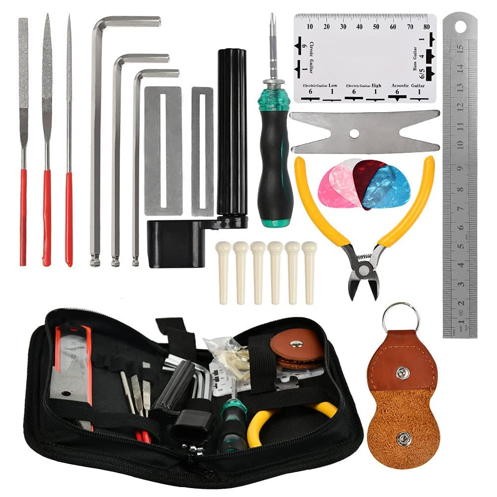 TIMESETL26 Pcs Guitar Repairing Tool Kit with Wire Plier, String Organizer, Fingerboard Protector, Hex Wrenches, Files, String Action Ruler, Spanner Wrench, Bridge Pins for Guitar Ukulele Bass Mandol