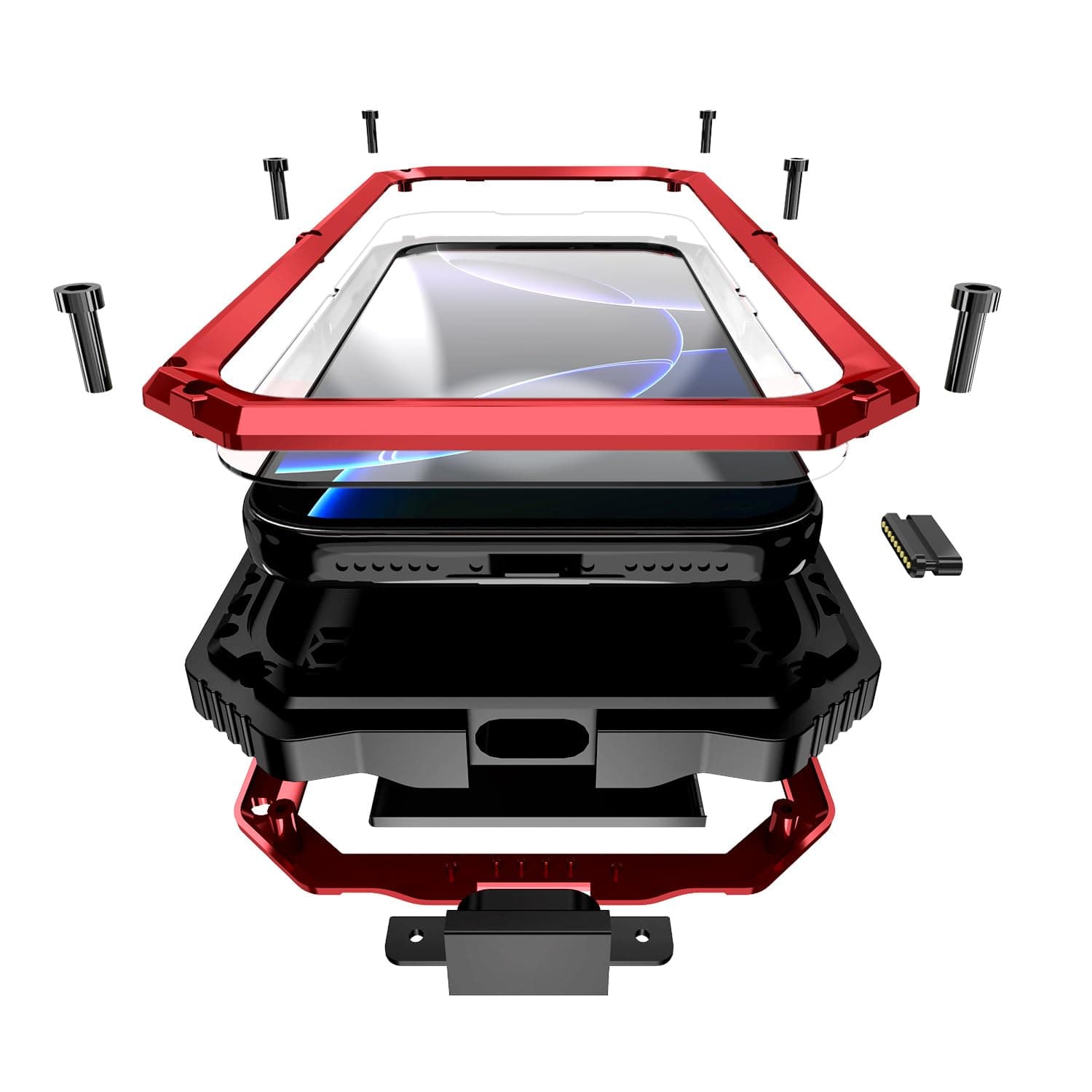 Simicoo Military Metal Heavy Duty Case for iPhone 17 Pro Max, Drop Protection Rugged Defender Metal Bumper Screws Case with Stand Gorilla Glass Camera Cover Full Body Dustproof Protective Cover Red