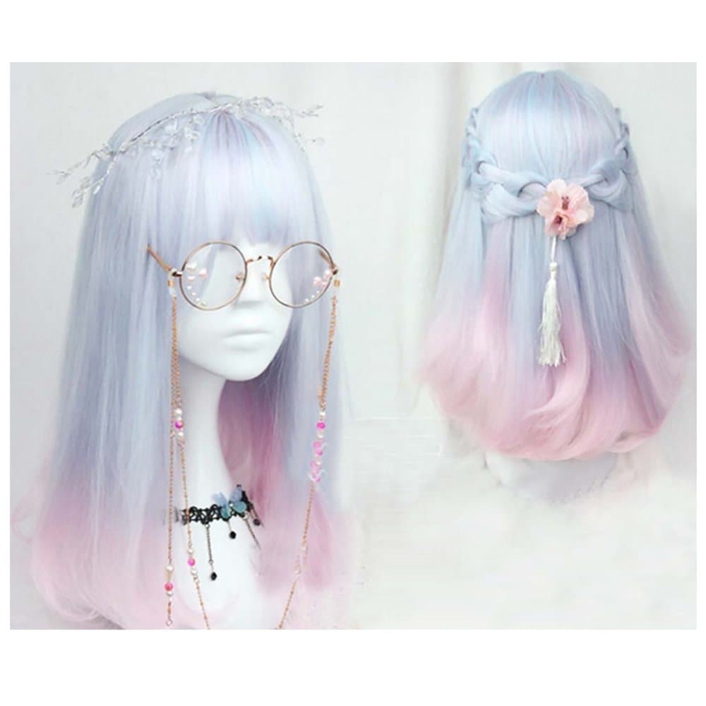 18 inch soft sister Light blue pink color gradient COSPLAY wig Gals Japan Harajuku style+cap No headwear