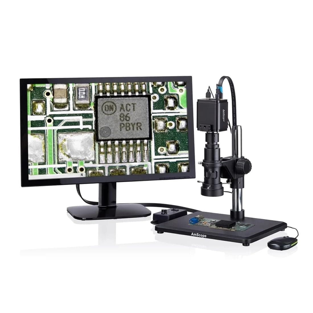 AmScope H800 Series Zoom Digital Inspection Monocular Stereo Microscope 0.7X-5X Magnification on Pillar Stand with 4K HDMI Camera and 96-LED Ring Light