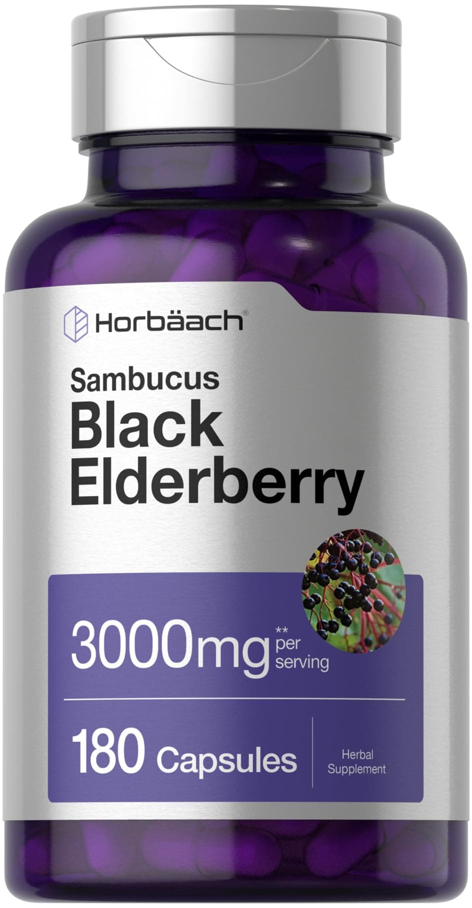 Horbäach Black Elderberry Capsules 2000mg 180 Pills Immune Support Non-GMO, Gluten-Free Sambucus Extract Supplement
