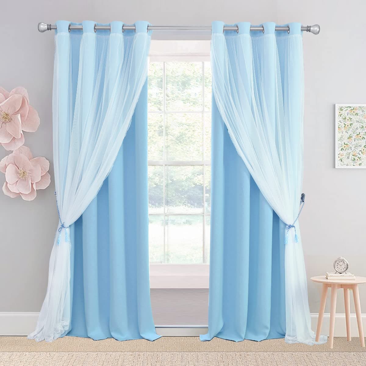 Light Blue Blackout Curtains 84 inch Length - Double Layers Blue Romantic Curtains with Sheer Overlay, Window Curtains & Drapes for Kids/Girls/Boys Bedroom Living Room Nursery, 2 PCs
