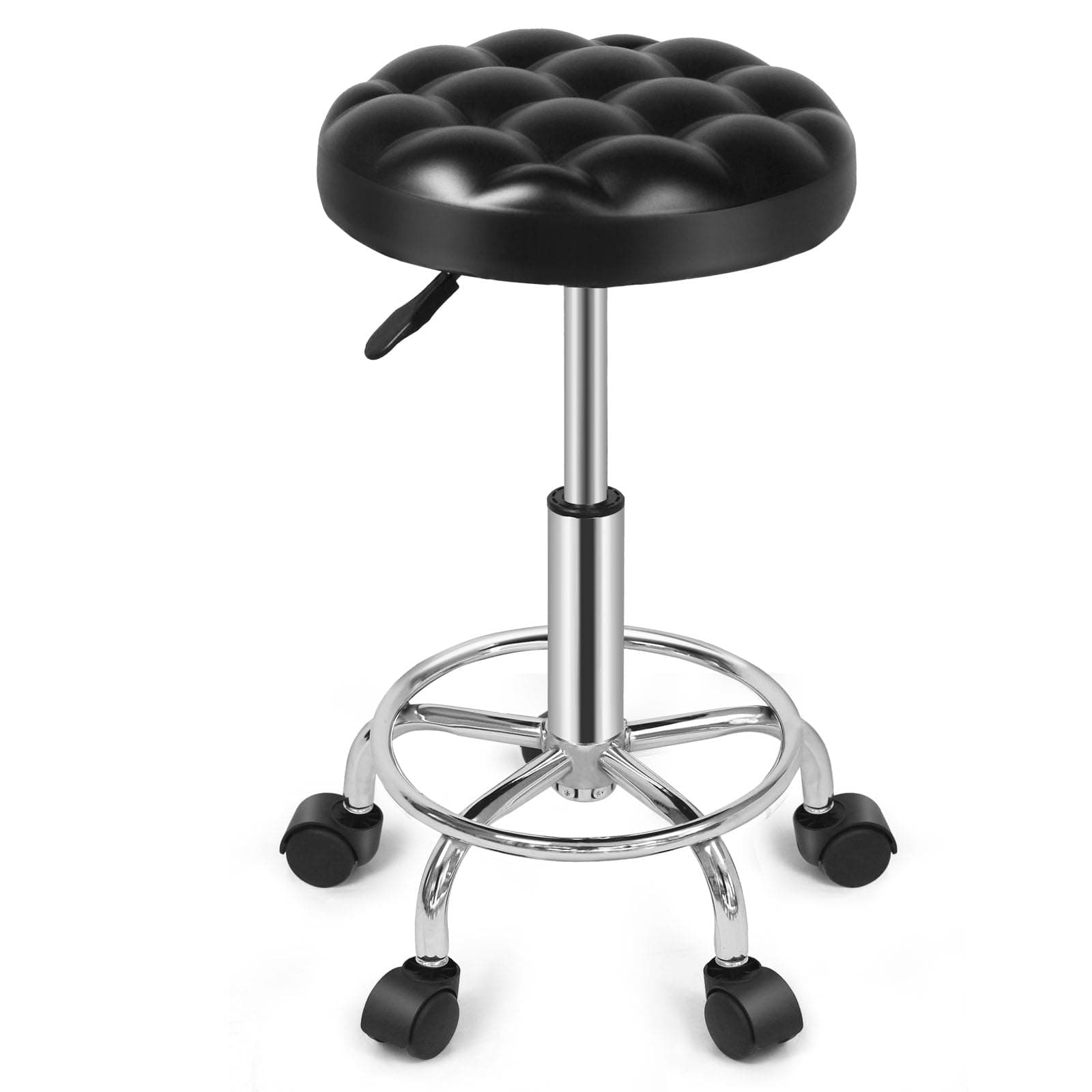 SKY-TOUCH Round Rolling Stool: Vanity Chair with PU Leather Height Adjustable 360° Swivel Stool with Wheels for Office Home Drafting Work Studio Shop SPA Salon