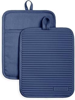 Ribbed Soft Silicone Pot Holder 2-Pack Set, Blue Willow, 7"x9"
