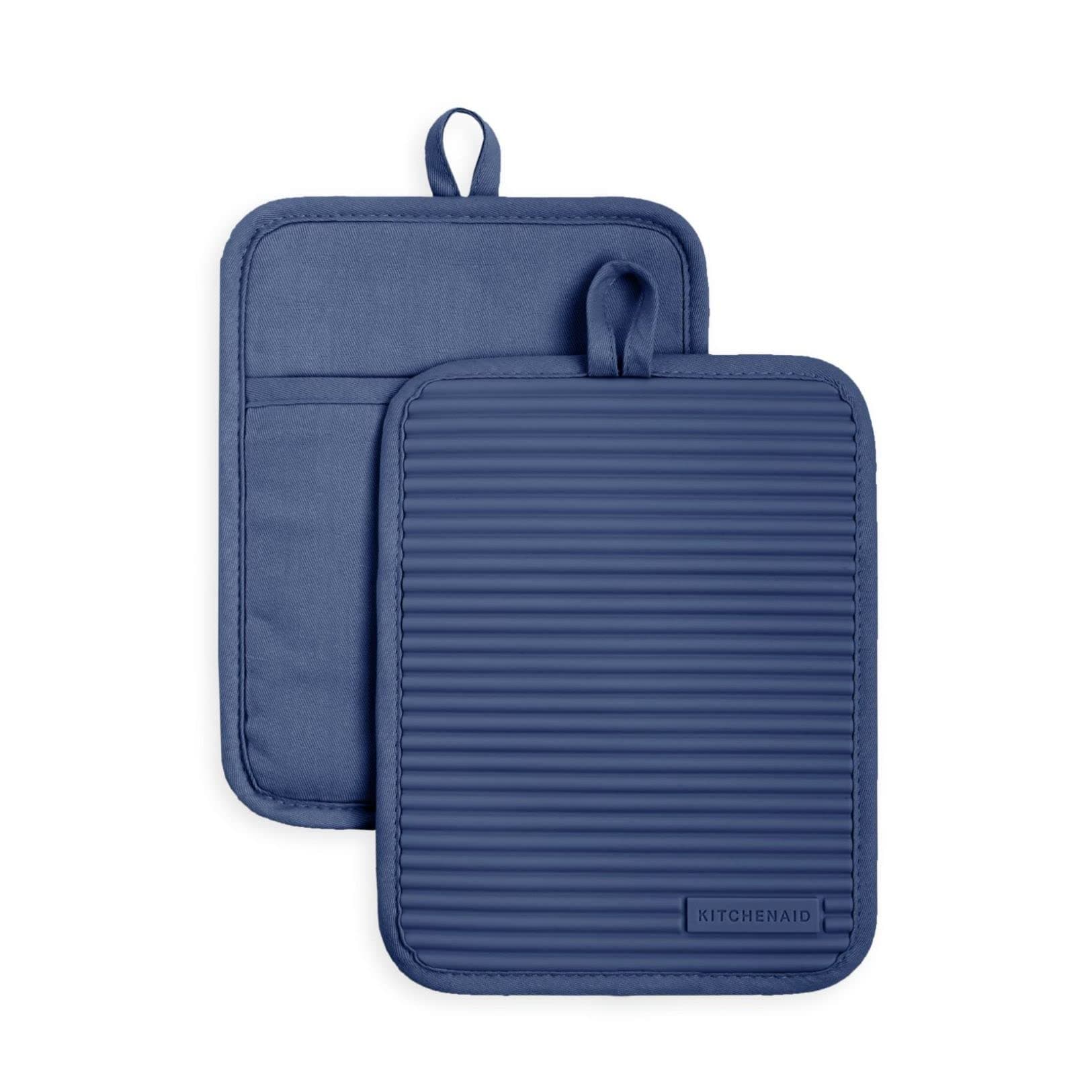 KitchenAid Ribbed Soft Silicone Pot Holder 2-Pack Set, Blue Willow, 7"x9"