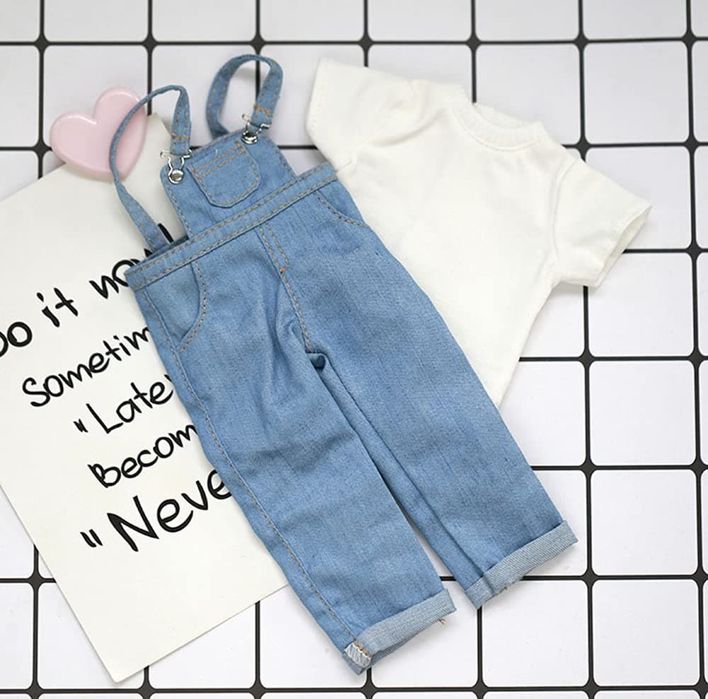 Blyth BJD Clothes 30cm 1/6 BJD SD YOSD Doll Clothes Fashion Denim Overalls Pants and Short Sleeve T-Shirt Set Doll Accessories (Blue)